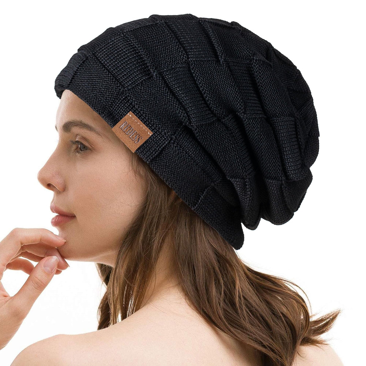REDESS Beanie Hat for Men and Women Winter Warm Hats Knit Slouchy Thick Skull Cap with Face Cover-Black