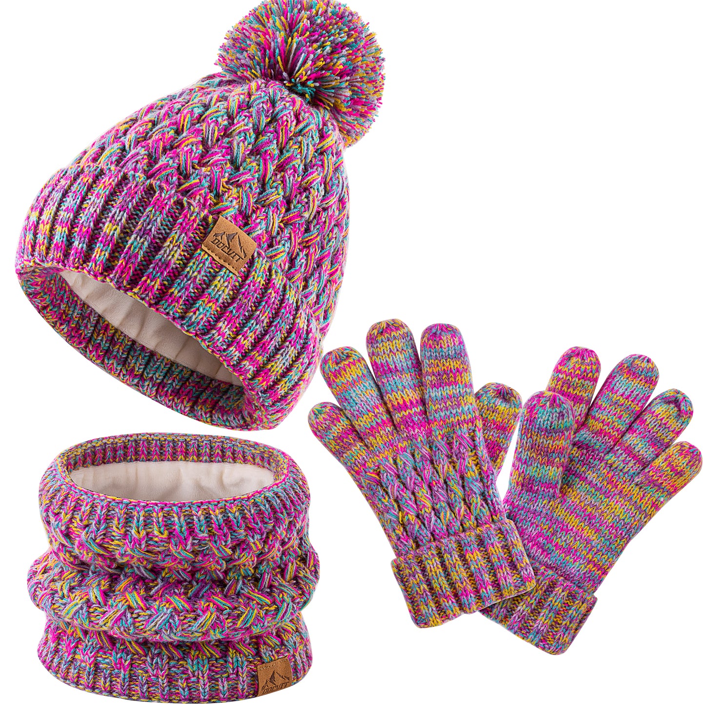 DOCVIT Kids Winter Hat Gloves Scarf Set,Girls Toddler Children Hats Beanie with Pom Knit Neck Warmer Gaiter Mittens Fleece Lined Set