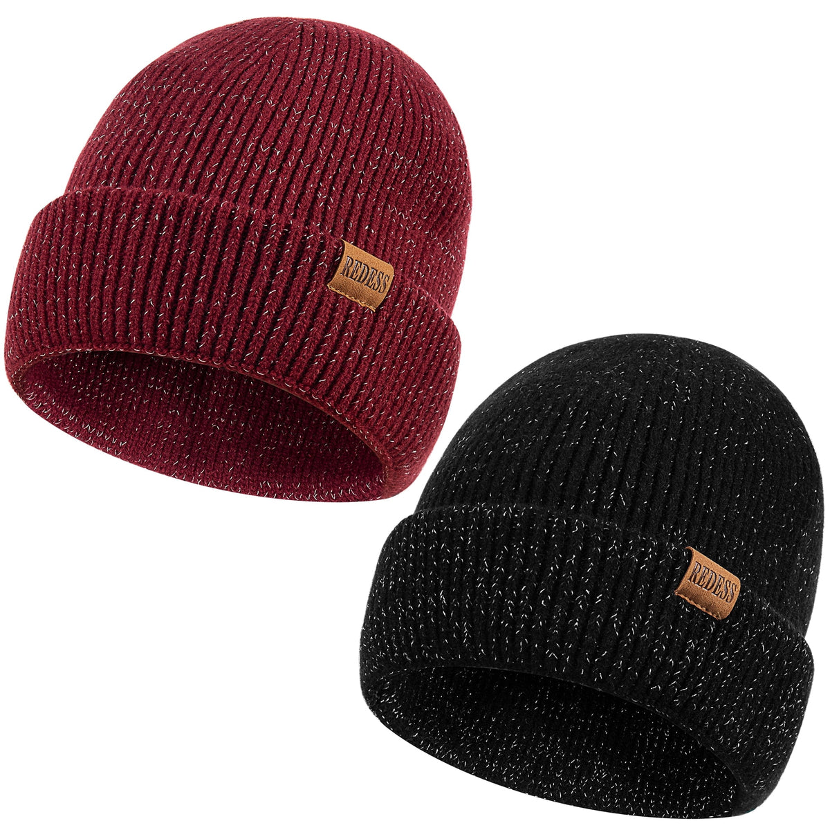 REDESS Beanie Hats for Women and Men Knit Soft Winter Warm Cuffed Hat, Black 2 pack