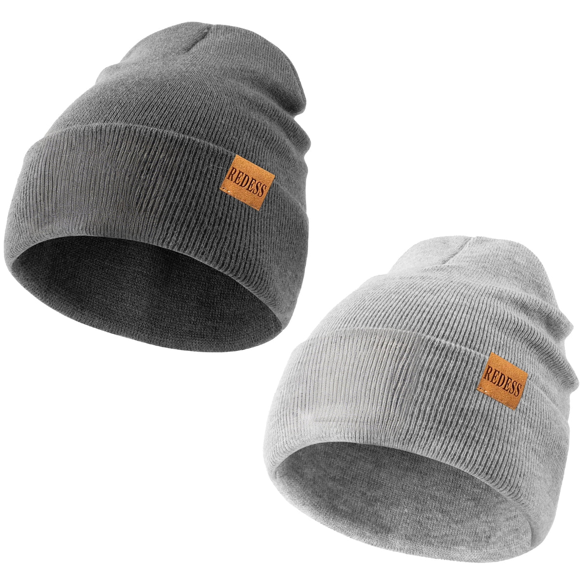 REDESS 2 Pack Warm Winter Knit Cuffed Beanie Hat for Men and Women,Black+Black