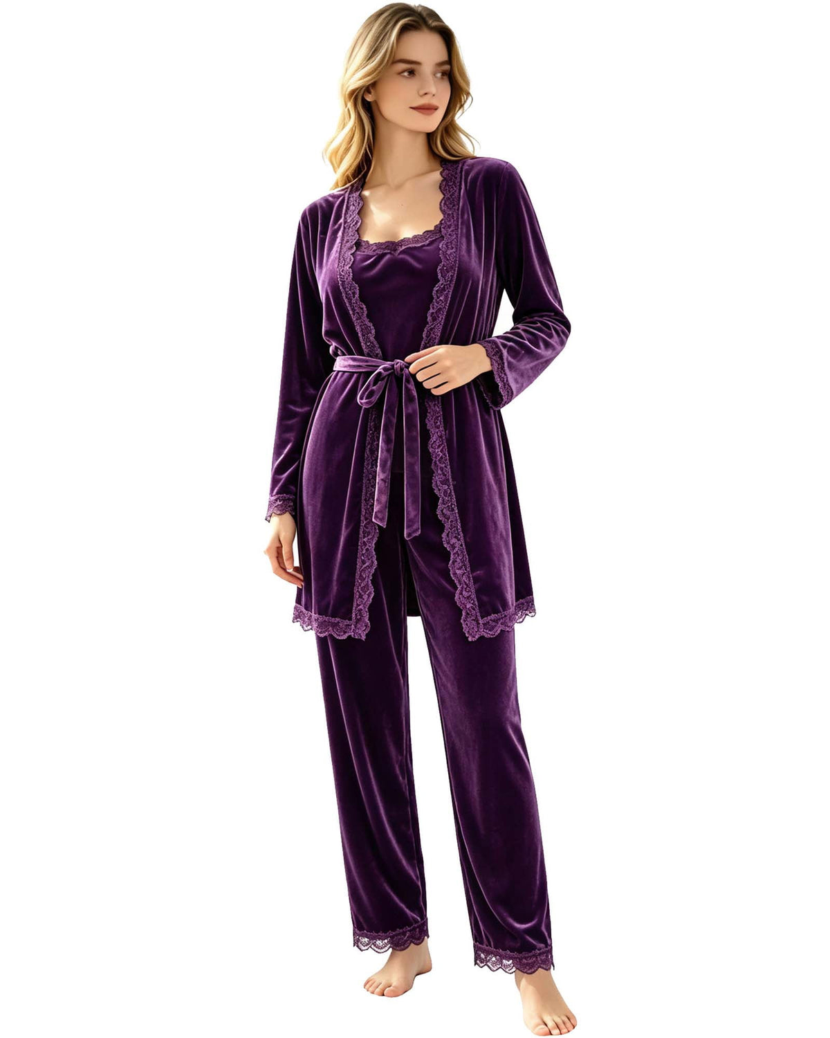 REDESS Womens Pajama Sets, Lace Trim Cami Top, Belted Robe & Long Pants Loungewear 3 Piece Velvet Pajama Sets for Women