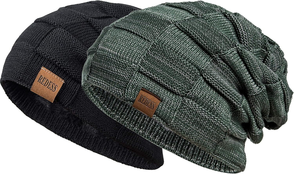 REDESS Beanie Hat for Men and Women Winter Warm Hats Knit Slouchy Thick Skull Cap-Black+Dark Gray