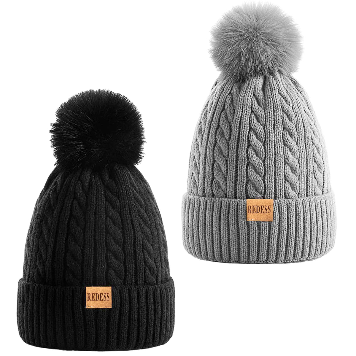 REDESS Womens Winter Hat, Fleece Lined Cable Knit Beanie Hat for Women 2 Pack
