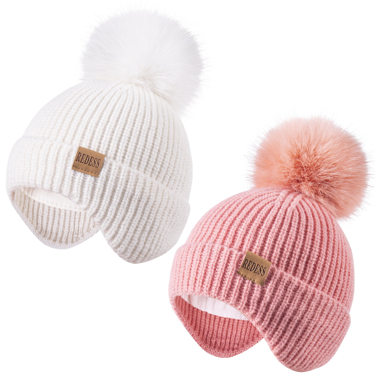 REDESS Toddler Hat with Ear Flaps, Fleece Lined Beanie Hat for Baby 0?3 Years Old, 2?Pack Warm Knit Kids Toddler Winter Hat