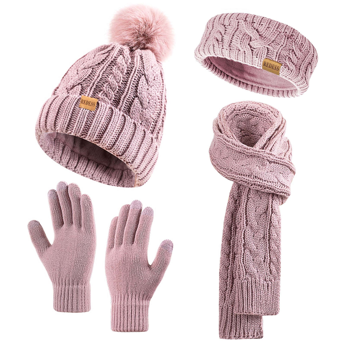 REDESS Winter Beanie Hat Scarf Gloves Headband Set Pompom Fleece Lined Warm Cap Touchscreen Gloves