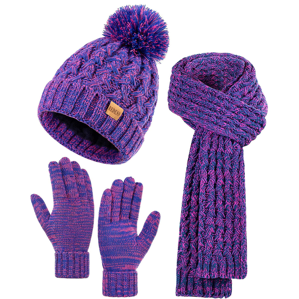 REDESS Winter Women¡¯s Beanie Hat Scarf Gloves Set, Fleece Lined Winter Hat with Pom Pom,Oat