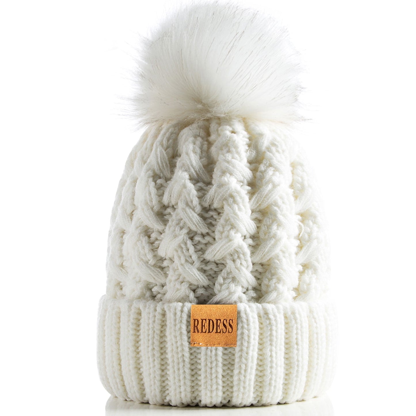 REDESS Women's Winter Pompom Beanie Hat for Women and Girl-White