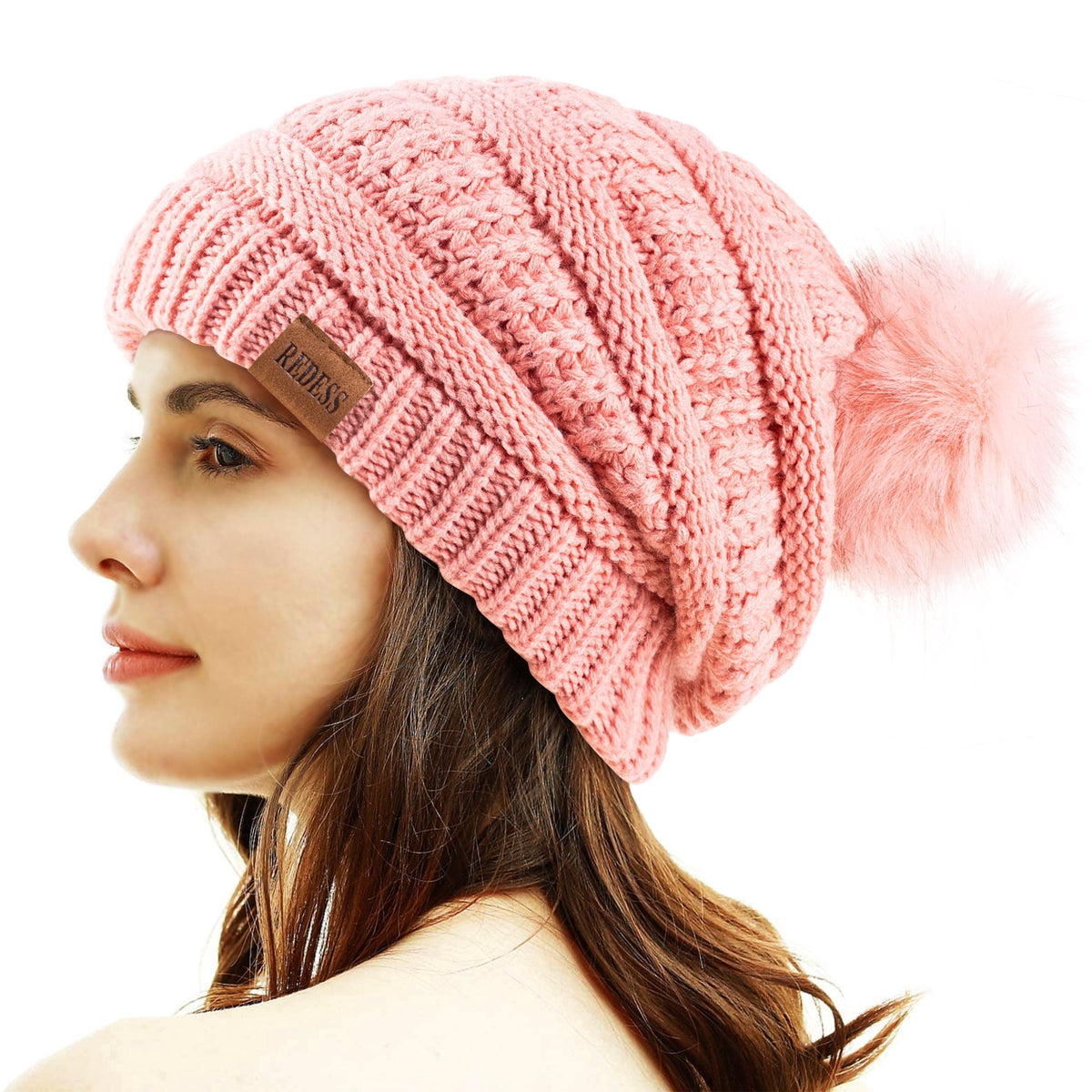 REDESS Women's Acrylic Winter Pom Pom Beanie Hat, Black, One Size