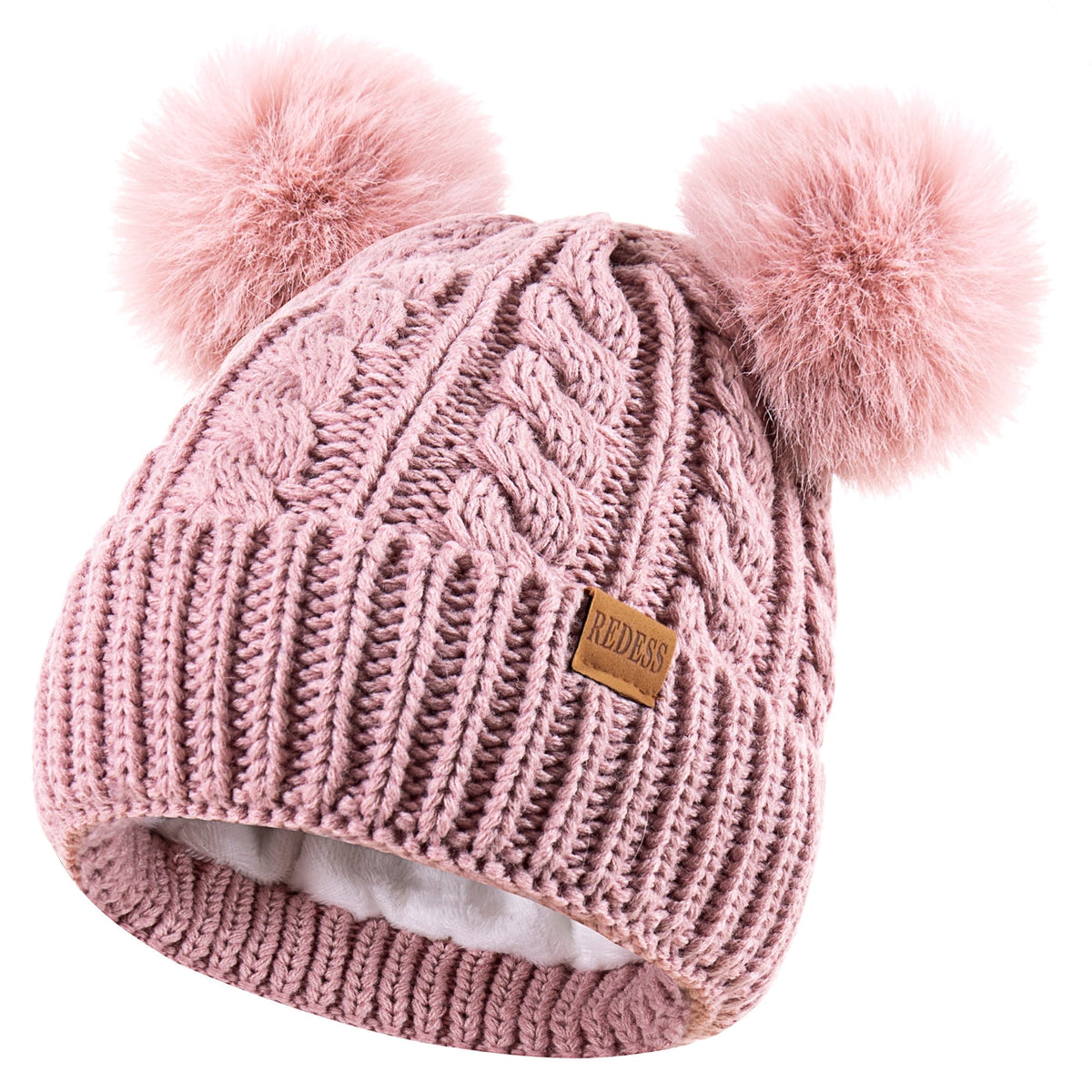 REDESS Women's Winter Beanie Hat with Two Pompoms and Warm Fleece Lining-Black