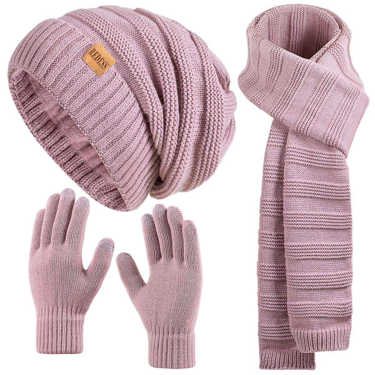 REDESS Womens Slouchy Beanie Hats Warm Winter Gloves Knit Thick Scarf,Black