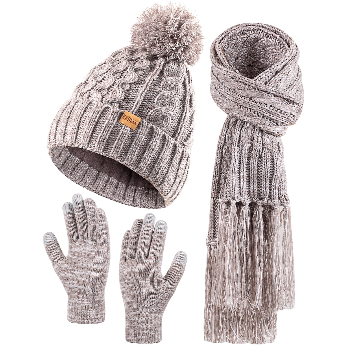 REDESS Womens Winter Hats Beanie Scarf &Gloves Sets for Women-Oat