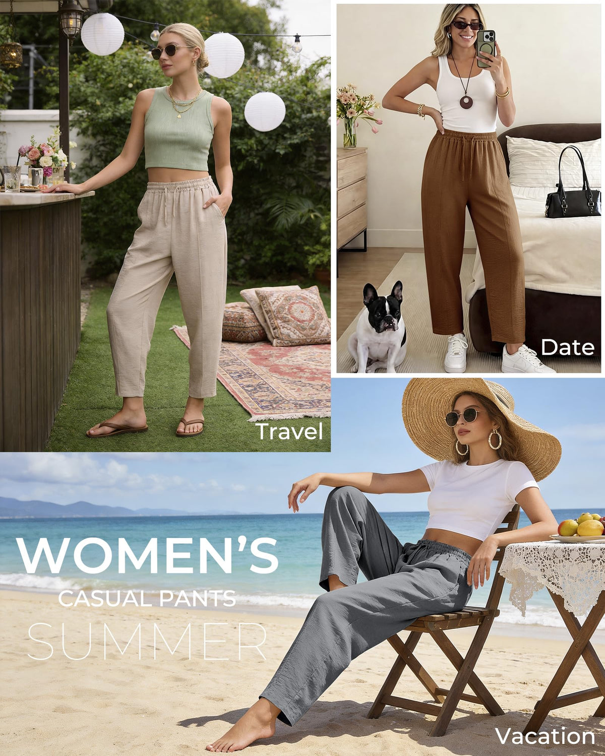 REDESS Pants for Women Wide Leg Khaki Linen Pants Summer Casual Flowy Pants with Pocket,XS-XL
