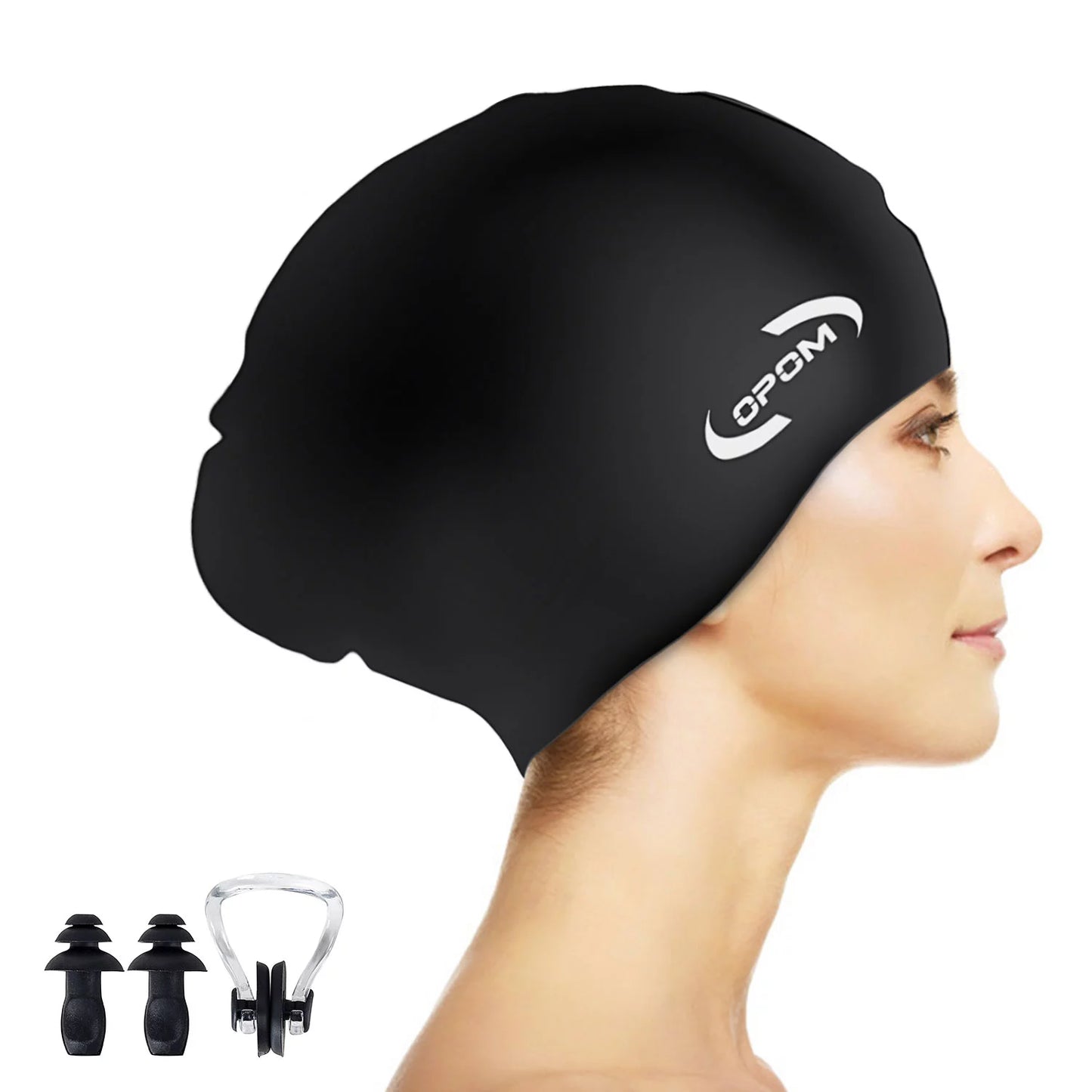 OPOM Women Silicone Swimming Cap, High Elasticity Thick Swim Hats for Long Hair, Bathing Swimming Caps for Women and Men with Ear Plugs and Nose Clip-Black