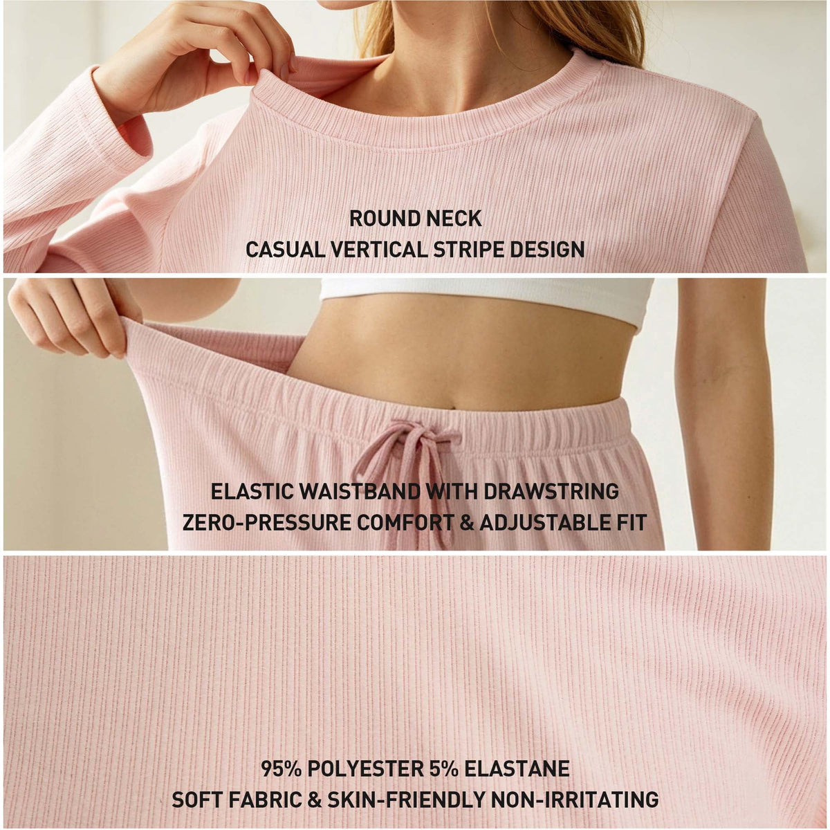 REDESS Lounge Sets for Women, 2‑Piece Crew Neck Long‑Sleeve Top & Drawstring Wide Leg Pants, Casual Matching Sleepwear Loungewear for Ladies