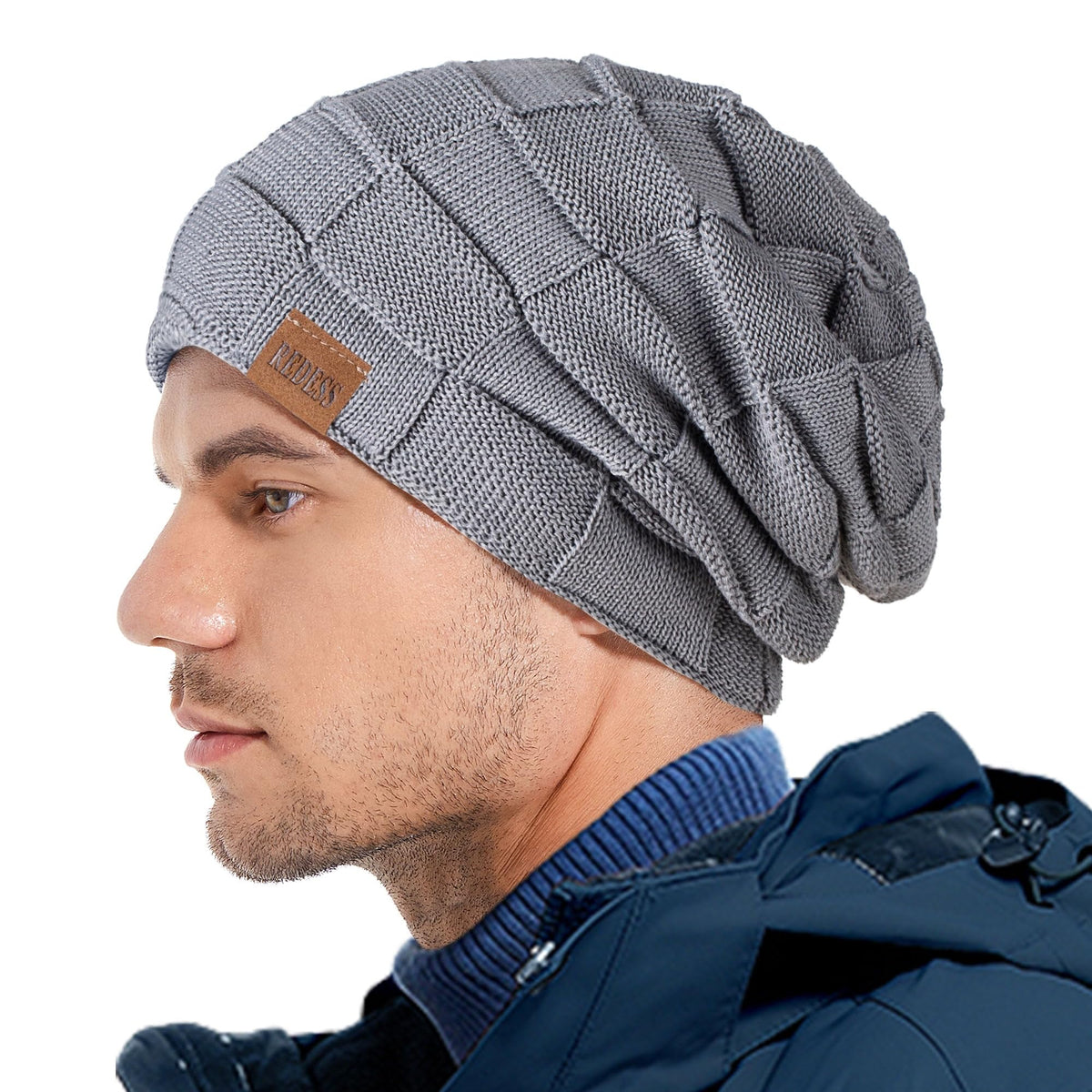 REDESS Beanie Hat for Men and Women Winter Warm Hats Knit Slouchy Thick Skull Cap with Face Cover-Black