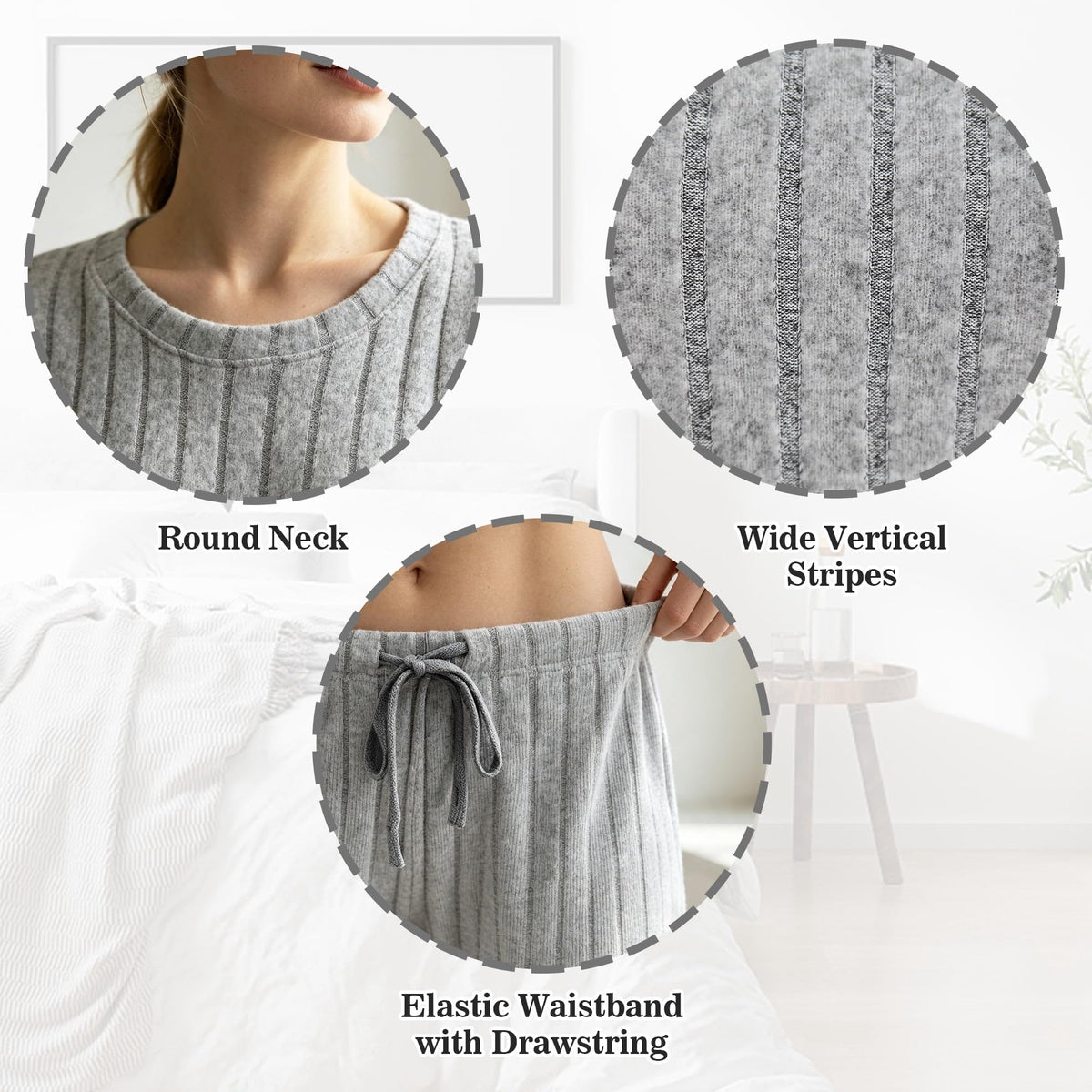 REDESS Womens Pajama Sets, Ribbed Knit 2 Piece Matching Loungewear, Long Sleeve Crew Neck Top & Drawstring Waist Pants, Casual Lounge Sets for Women Sleepwear, S‑XXL