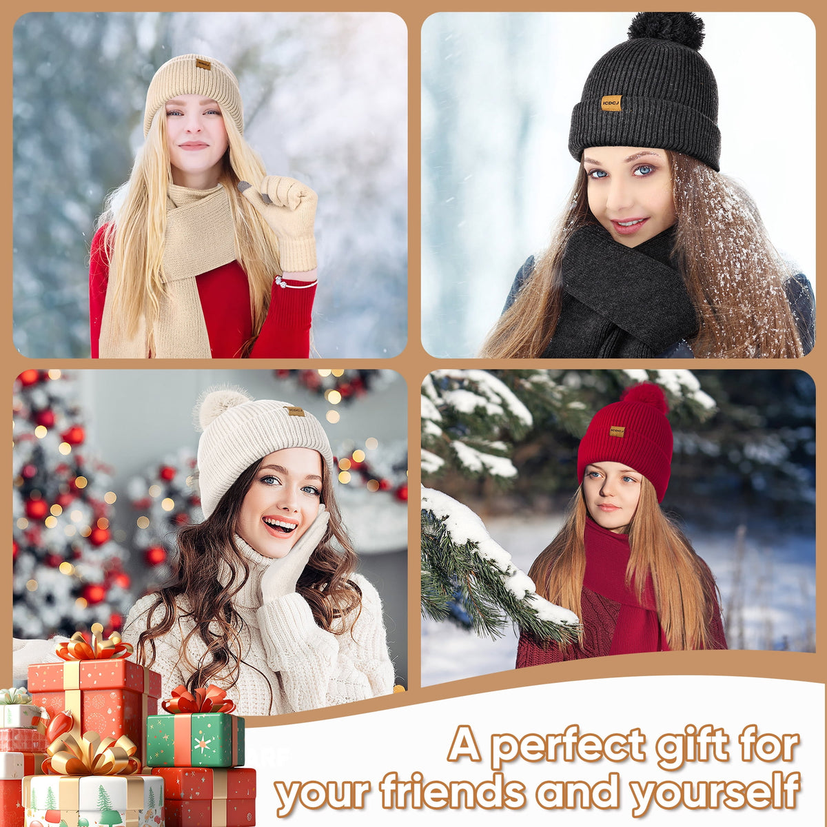 REDESS Beanie Hat and Gloves Scarf Winter Set for Women,Beanie Hat Touch Screen Gloves Long Scarf Set for Women£¬Black