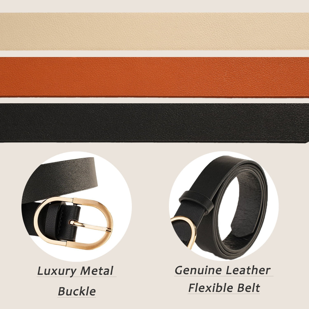 REDESS Belts for Women with Fashion Gold Buckle Leather Belts for Jeans Pants Dress,3 Pack