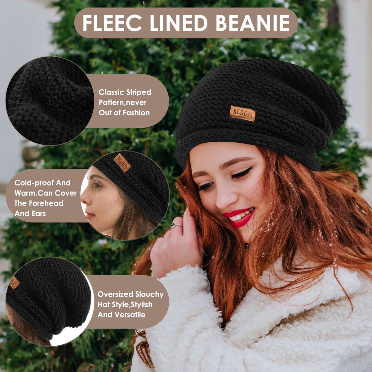 REDESS Slouchy Black Beanie Hat for Women and Men, Winter Warm Thick Skull Cap