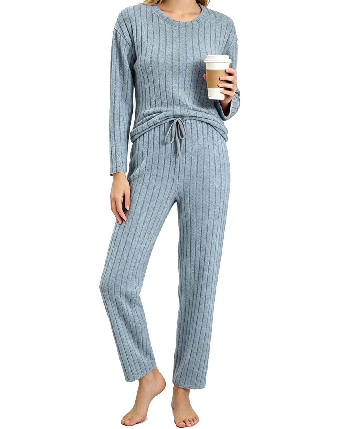 REDESS Womens Pajama Sets, Ribbed Knit 2 Piece Matching Loungewear, Long Sleeve Crew Neck Top & Drawstring Waist Pants, Casual Lounge Sets for Women Sleepwear, S‑XXL