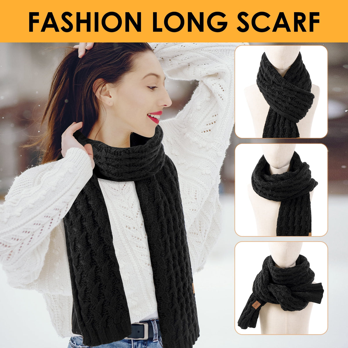 REDESS Women's Winter Scarf, Adult Warm Long Chunky Knit Scarves for Women, Black