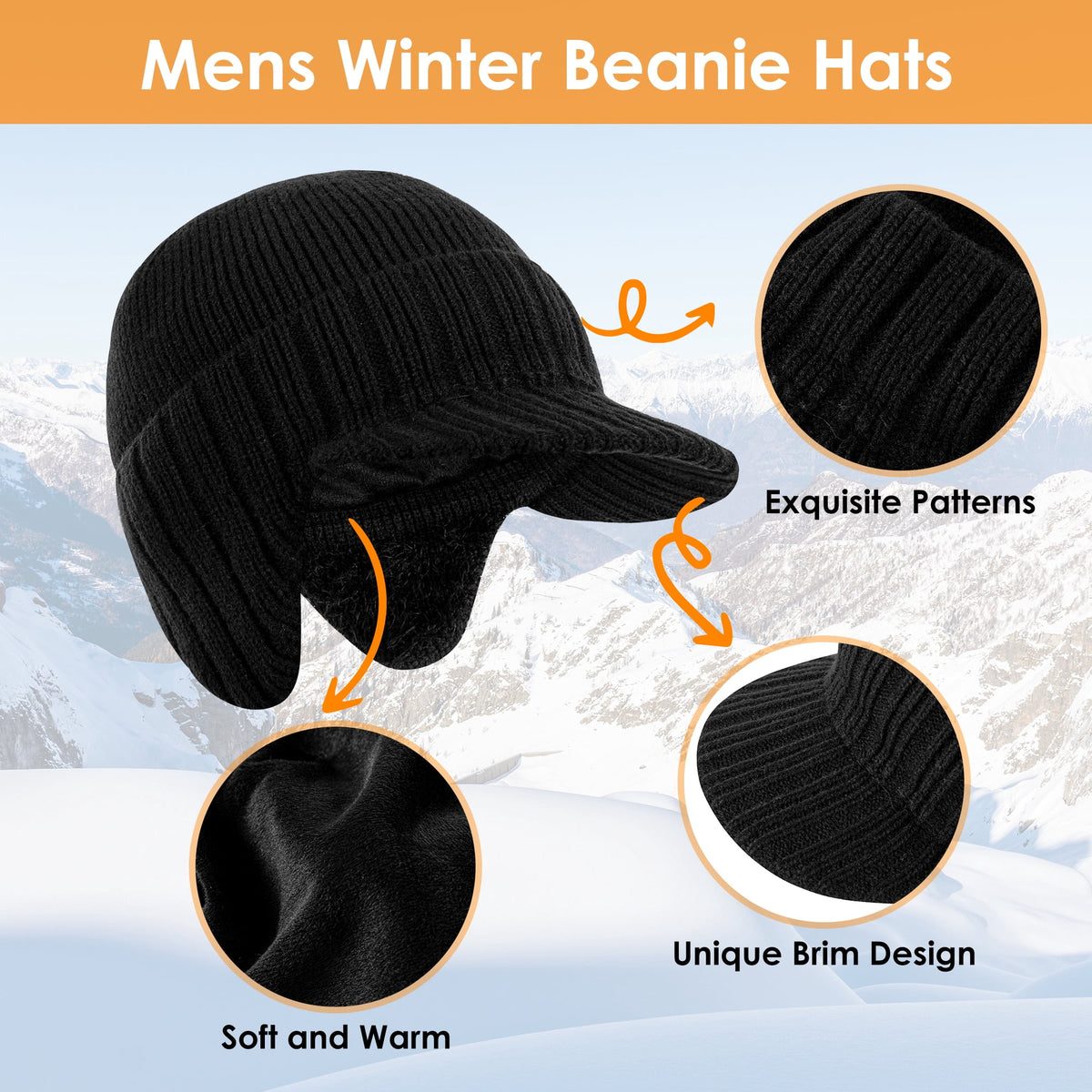 REDESS Men's Fleece Lined Knit Winter Beanie Hat with Visor and Earflaps, Black