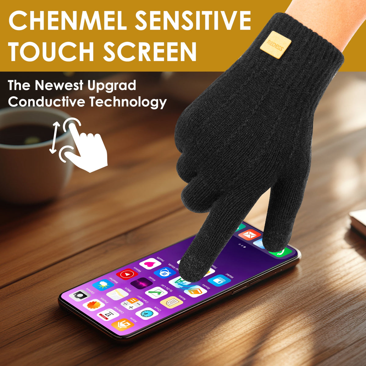 REDESS Mens Womens Winter Gloves Touchscreen Winter Warm Knit Gloves,Black