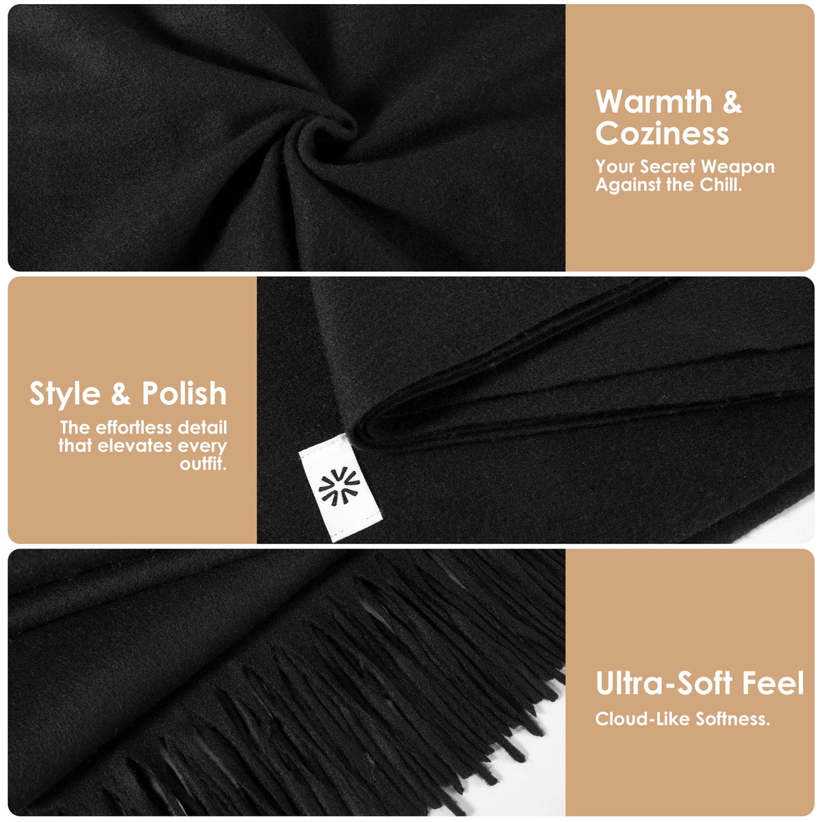 REDESS Pashmina Shawl for Women, Winter Warm Soft Solid Tassel Scarf  for Women and Men, Black