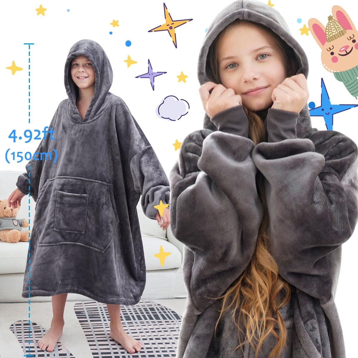 REDESS Oversized Wearable Blanket Hoodie Sweatshirt for Unisex Boy and Girl-Dark Grey