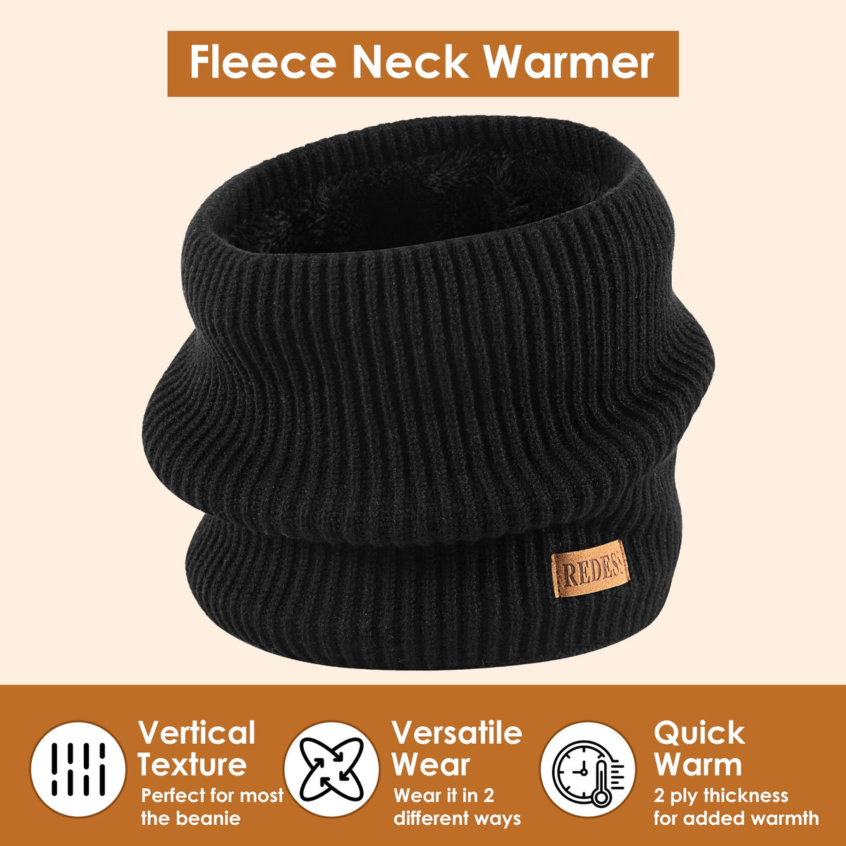 REDESS Winter Neck Gaiter Balaclava Warmer Face Ski Mask for Men and Women,Black, 2 Pack