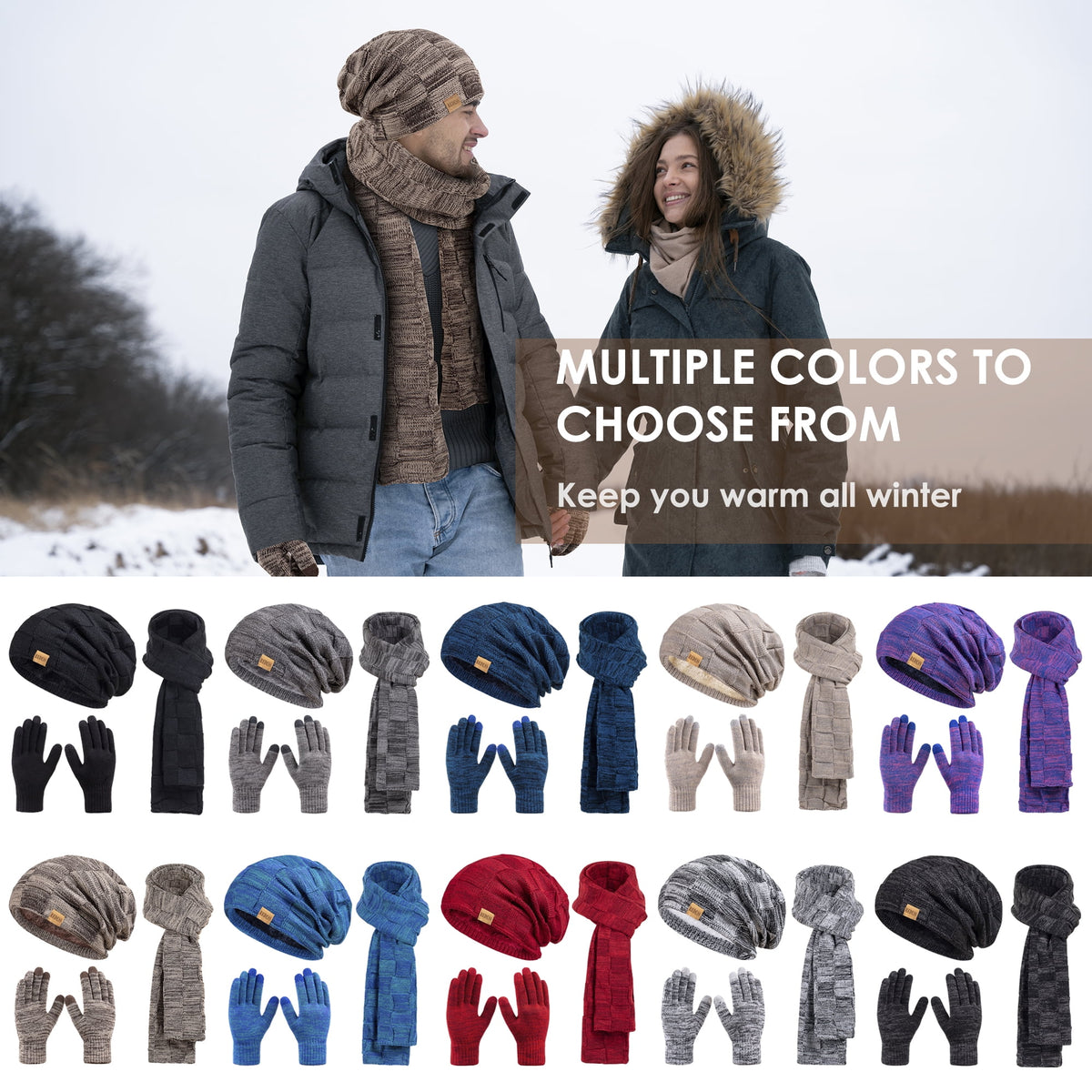 REDESS Men's Winter Beanie Hat Scarf & Glove Sets for Adult,Knit Slouchy Thick Skull Hats and Glove Set-Beige