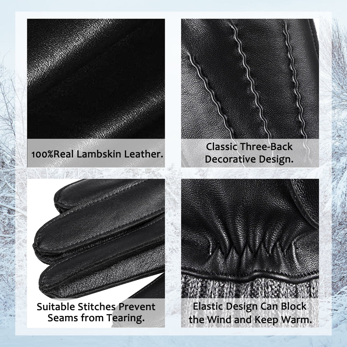 REDESS Winter Warm Genuine Leather Gloves for Men-Black