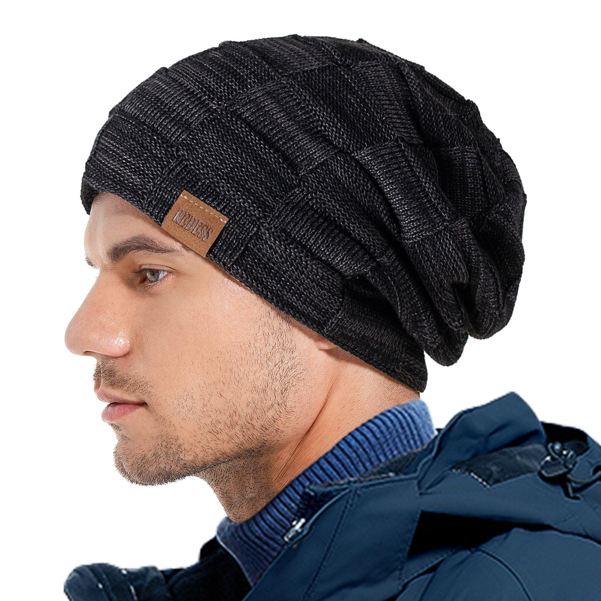 REDESS Beanie Hat for Men and Women Winter Warm Hats Knit Slouchy Thick Skull Cap with Face Cover-Black