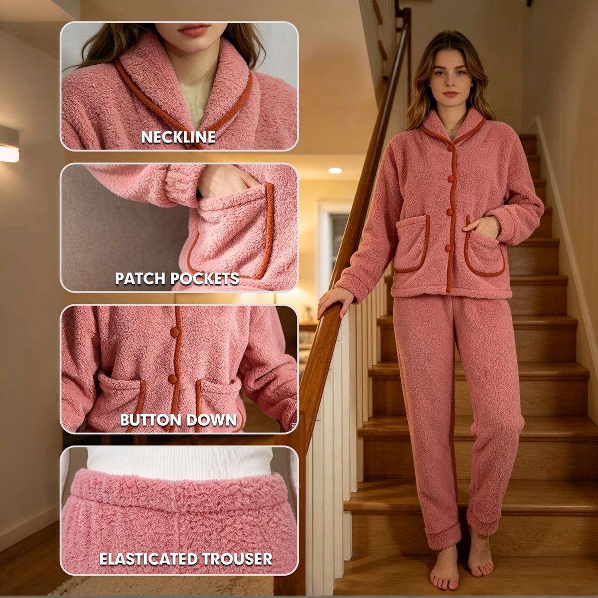 REDESS Womens Pajama Sets Soft Fleece Pj Sets for Woman Mock Neck Button-front Top with Pockets Straight Leg Pants Pink