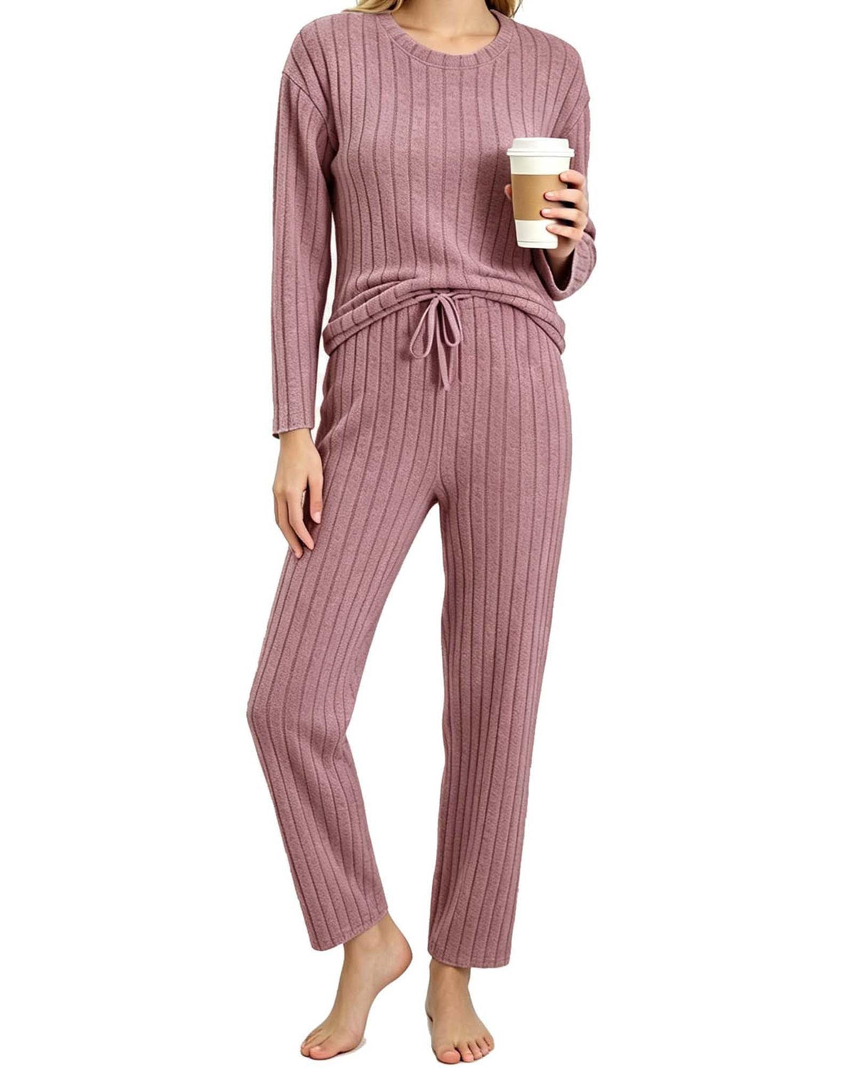 REDESS Womens Pajama Sets, Ribbed Knit 2 Piece Matching Loungewear, Long Sleeve Crew Neck Top & Drawstring Waist Pants, Casual Lounge Sets for Women Sleepwear, S‑XXL