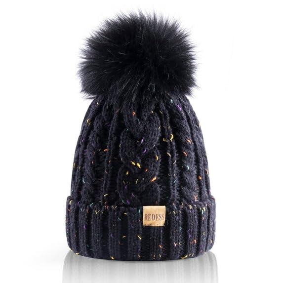REDESS Women Winter Pompom Beanie Hat with Warm Fleece Lined, Thick Slouchy Knit Skull Ski Cap