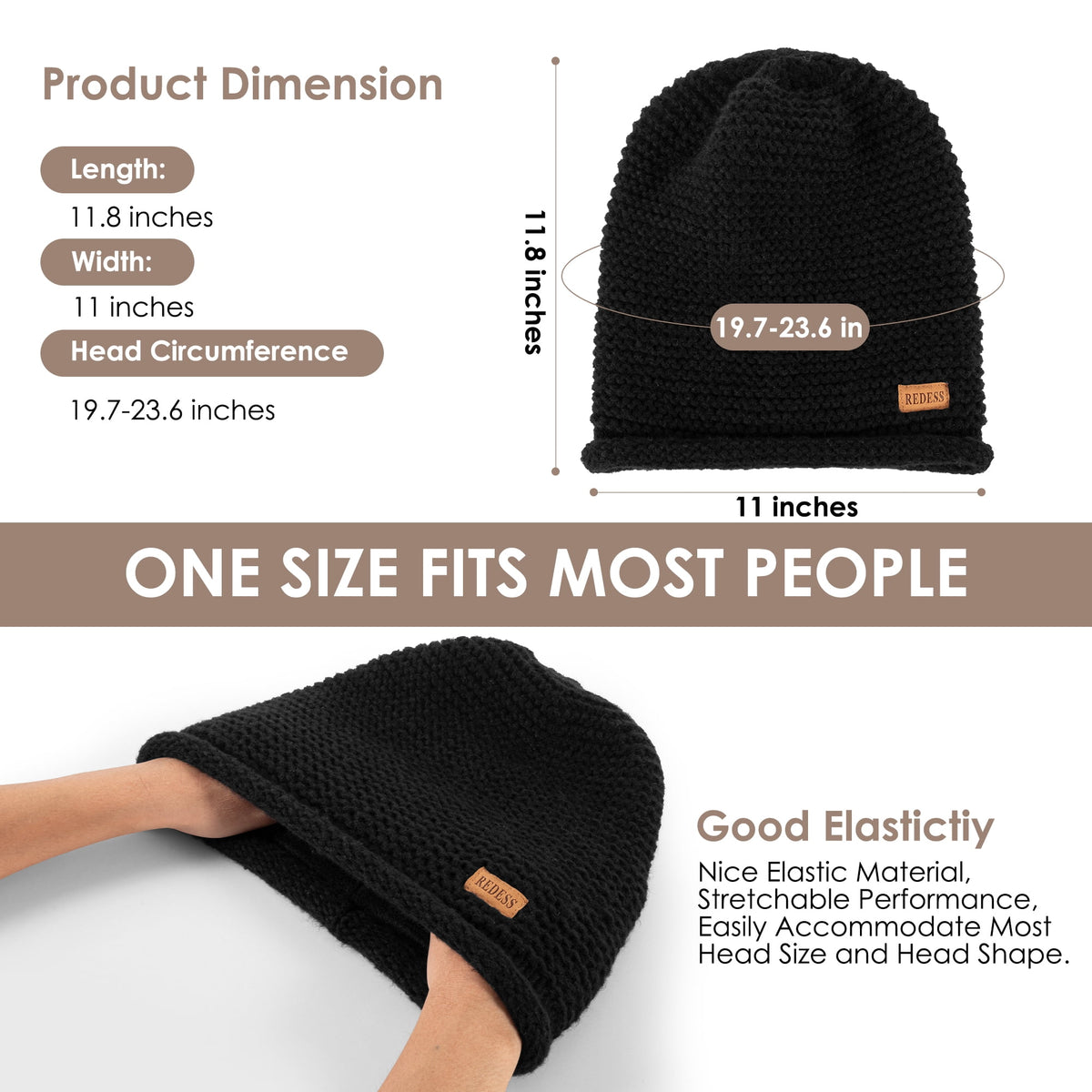 REDESS Slouchy Black Beanie Hat for Women and Men, Winter Warm Thick Skull Cap