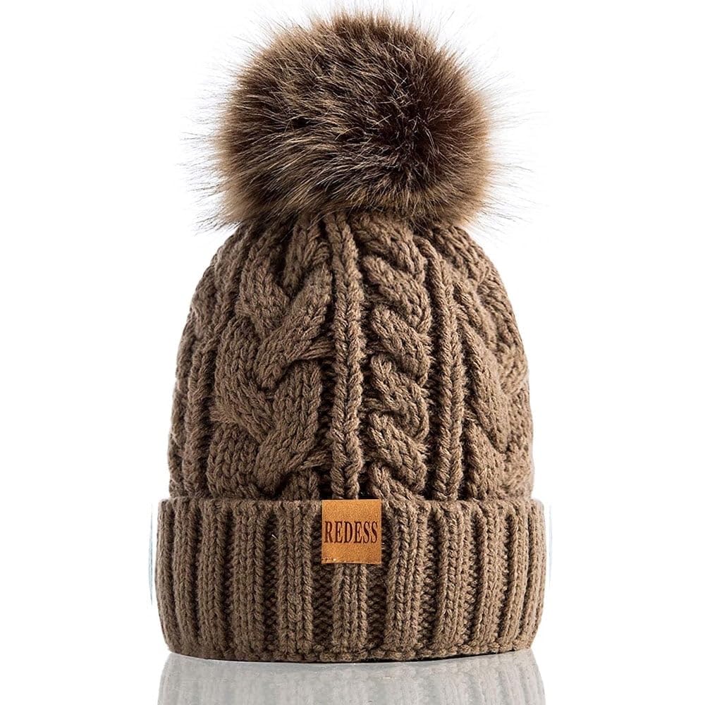 REDESS Women Winter Pompom Beanie Hat with Warm Fleece Lined, Thick Slouchy Knit Skull Ski Cap