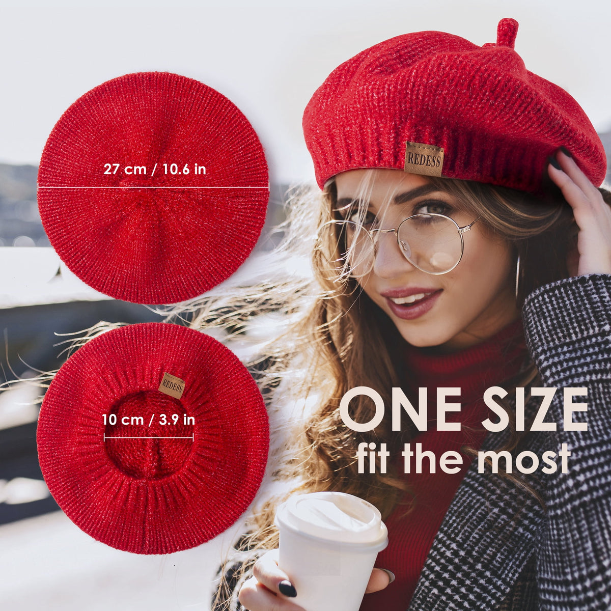 REDESS Womens Beret Hat, Vintage Knit Acrylic Winter Beret Hat for Women, Solid Color Stretch Fashion Beanie Cap