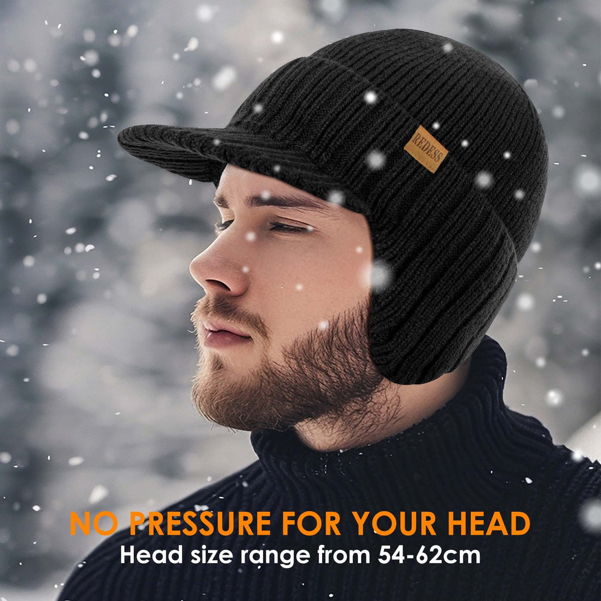 REDESS Men's Fleece Lined Knit Winter Beanie Hat with Visor and Earflaps, Black