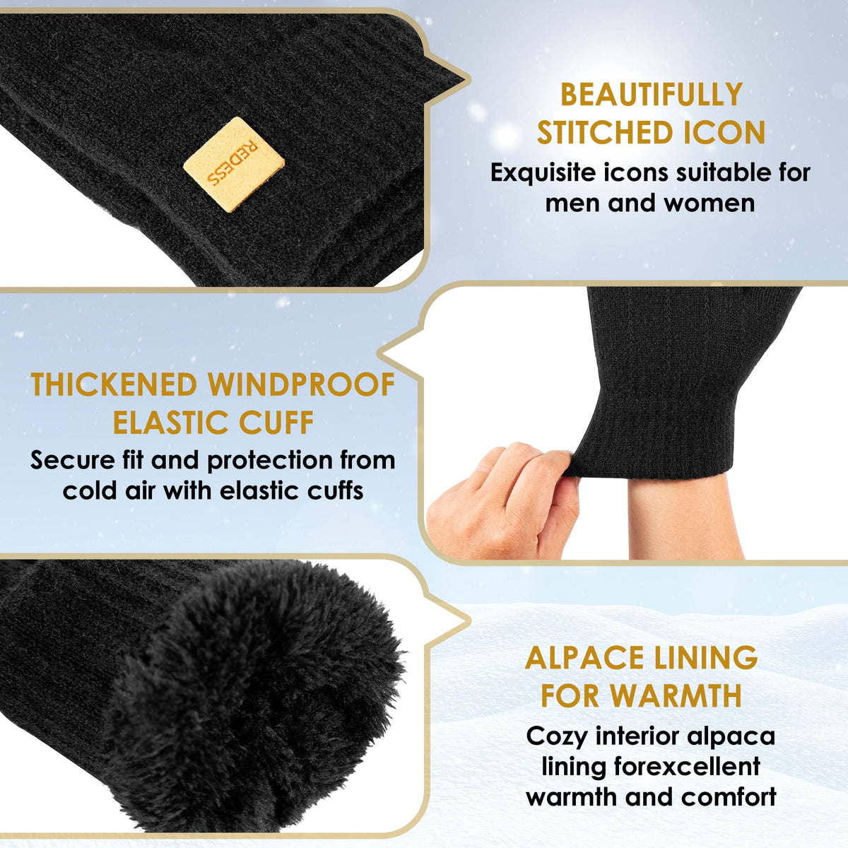 REDESS Mens Womens Winter Gloves Touchscreen Winter Warm Knit Gloves,Black