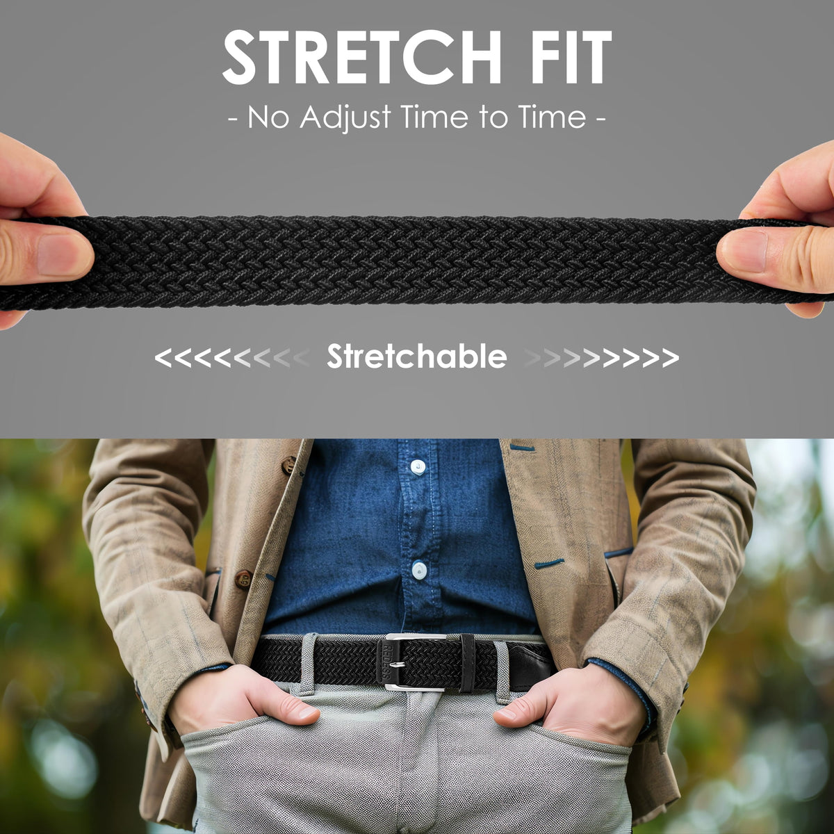REDESS Men's Belt Braided Web Elastic Black Belt for Casual Golf Jeans,2 pack,Black+Beige