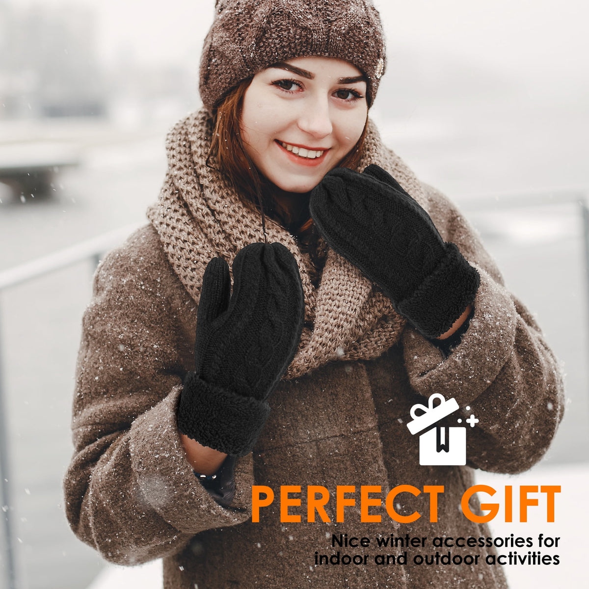 REDESS Winter Warm Mittens for Women, Thick Knitted Warm Soft Lining Mittens Cold Weather,Black