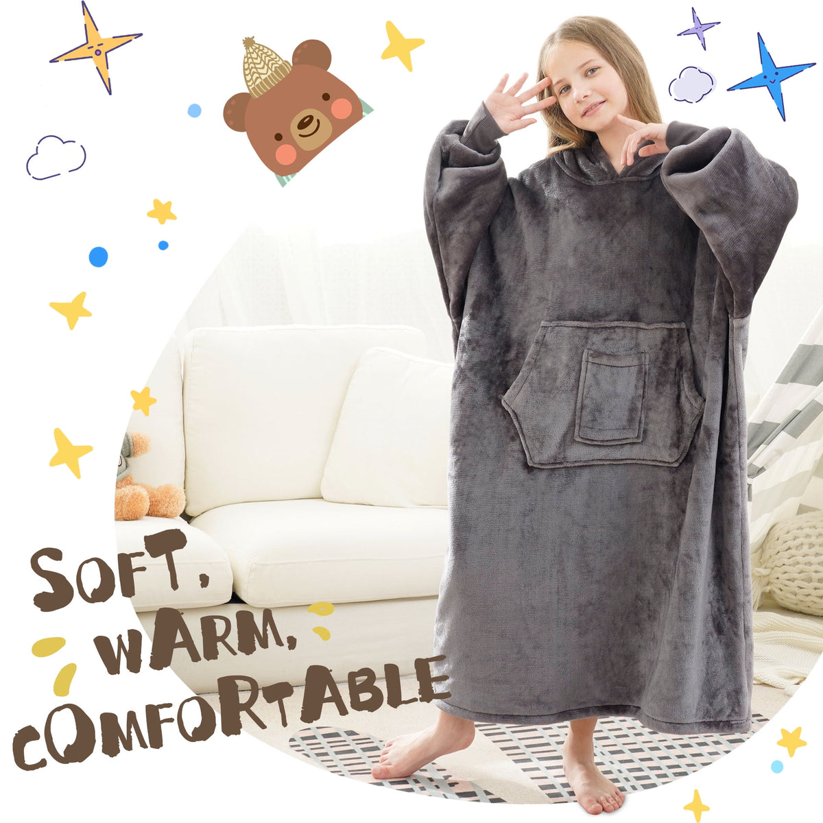 REDESS Oversized Wearable Blanket Hoodie Sweatshirt for Unisex Boy and Girl-Dark Grey