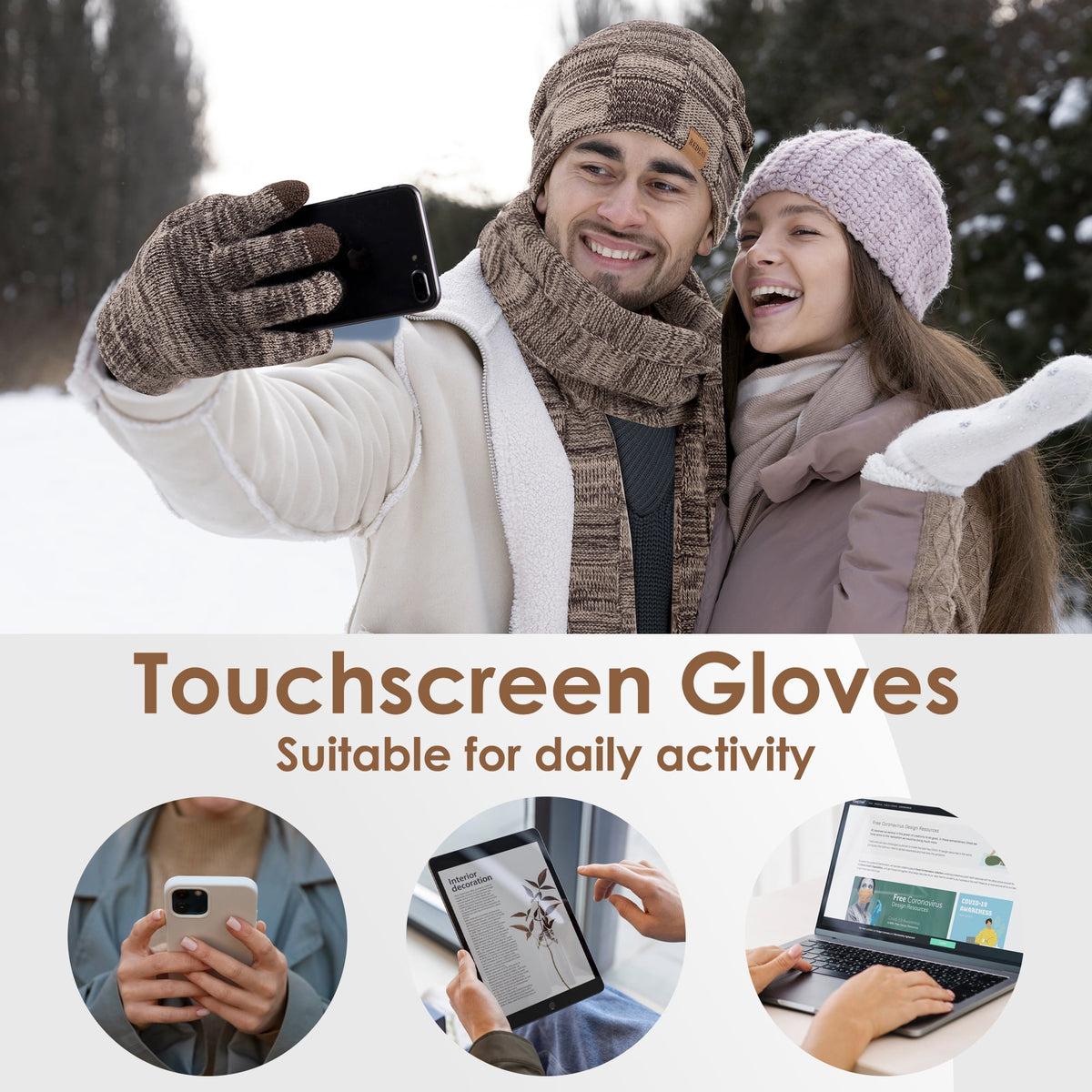 REDESS Men's Winter Beanie Hat Scarf & Glove Sets for Adult,Knit Slouchy Thick Skull Hats and Glove Set-Beige