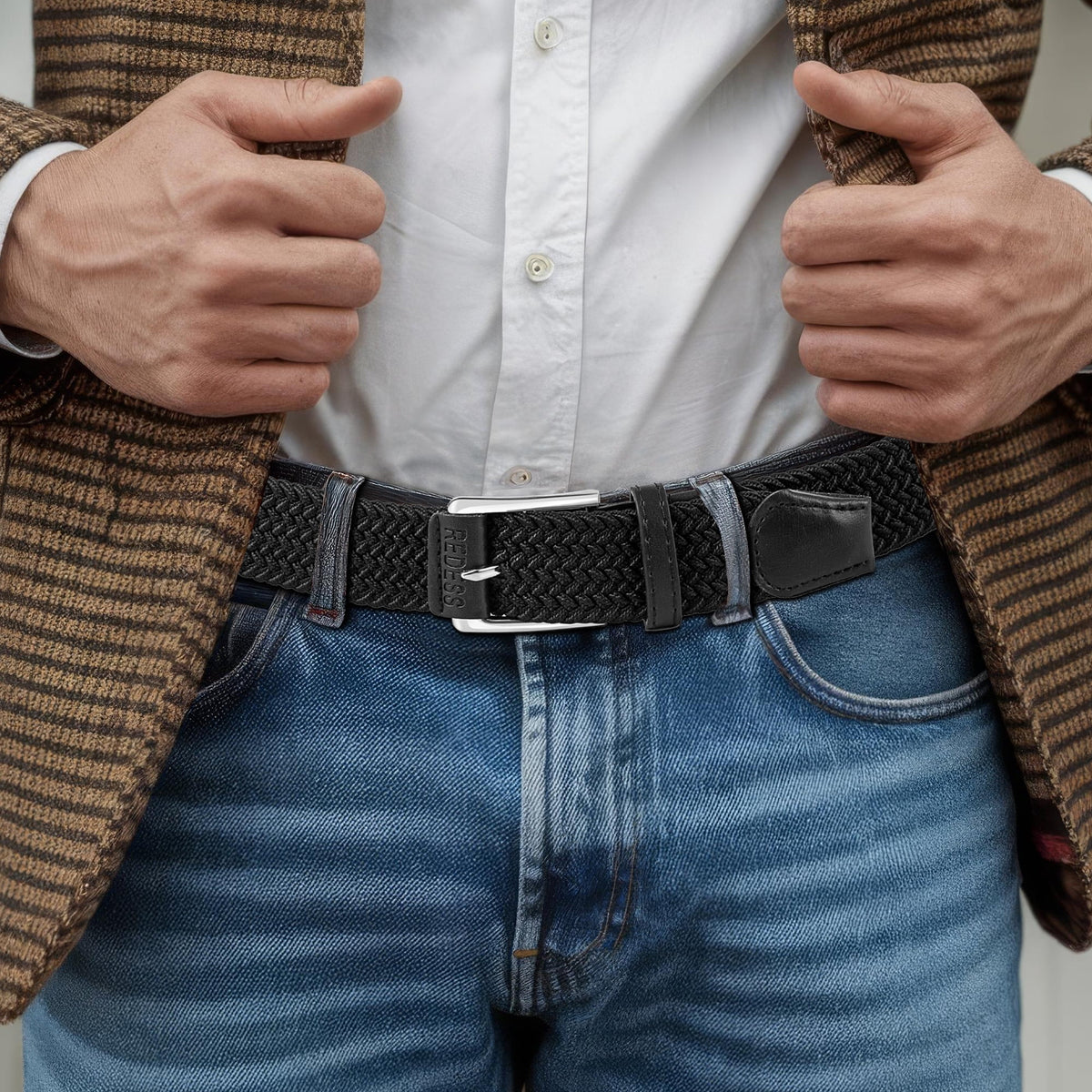 REDESS Men's Belt Braided Web Elastic Black Belt for Casual Golf Jeans,2 pack,Black+Beige