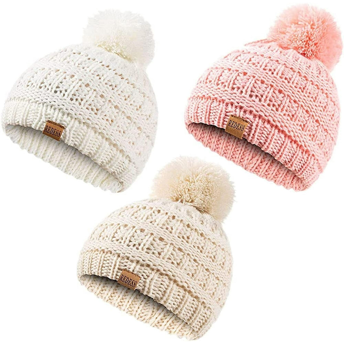 REDESS Baby Kids Winter Warm Beanie Hats, Infant Toddler Children Pom Pom Beanie Knit Cap Girls Boys-3 Pack