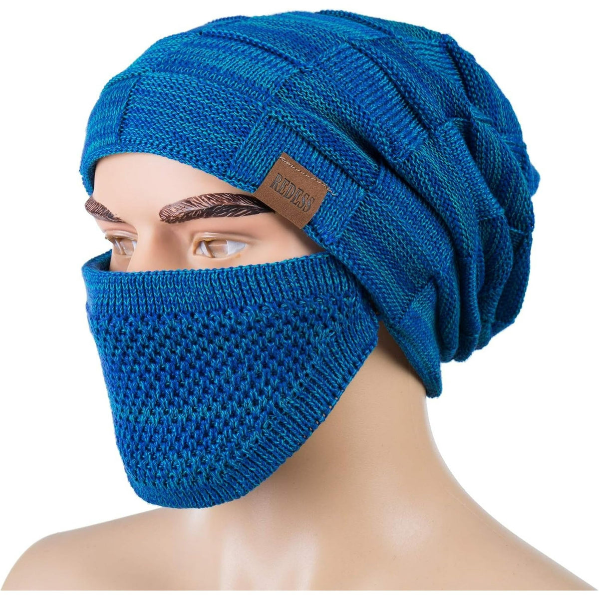 REDESS Beanie Hat for Men and Women Winter Warm Hats Knit Slouchy Thick Skull Cap with Face Cover-Black
