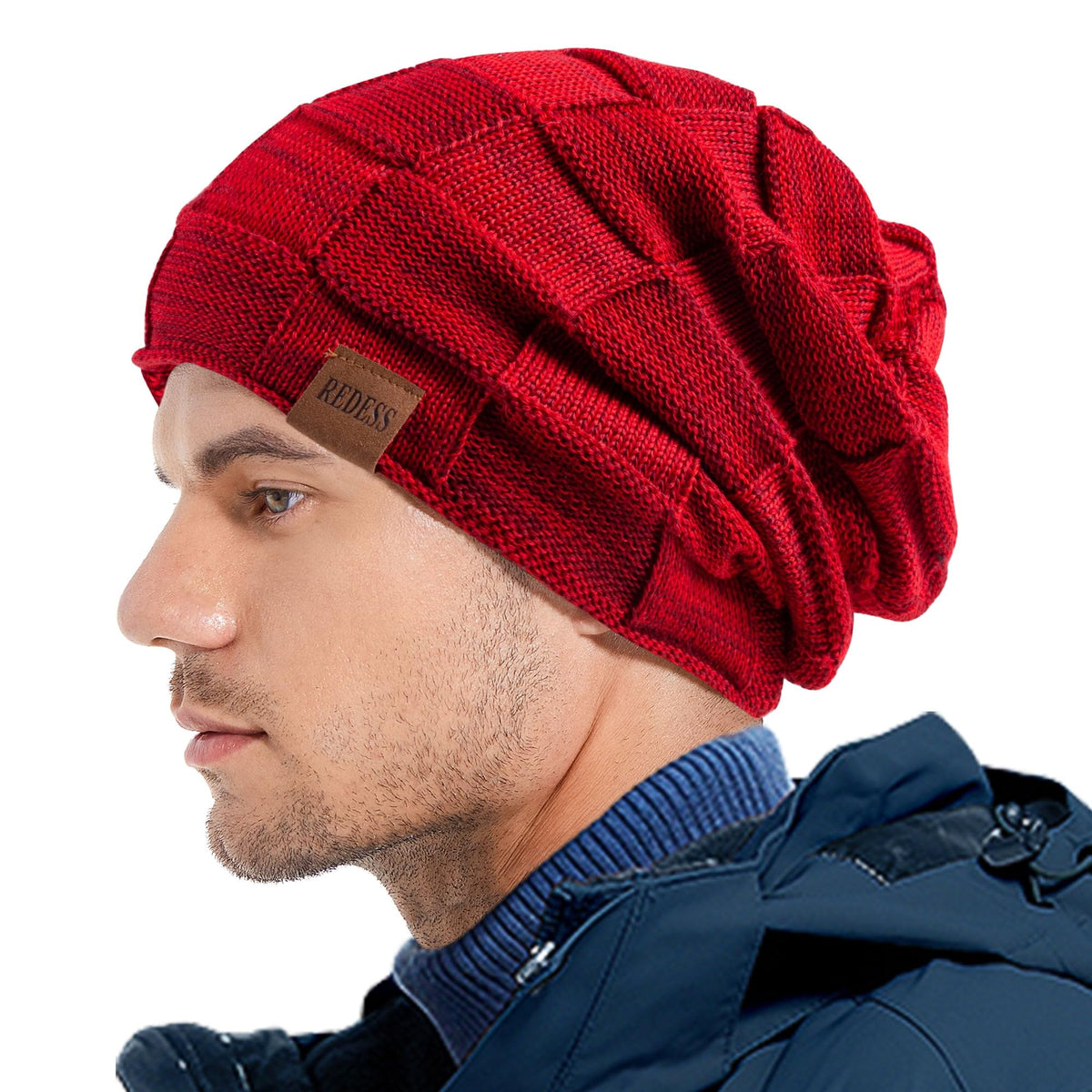 REDESS Beanie Hat for Men and Women Winter Warm Hats Knit Slouchy Thick Skull Cap with Face Cover-Black