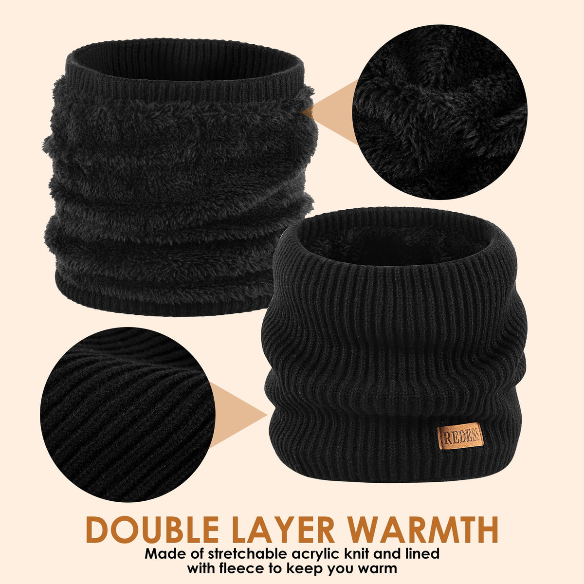 REDESS Winter Neck Gaiter Balaclava Warmer Face Ski Mask for Men and Women,Black, 2 Pack